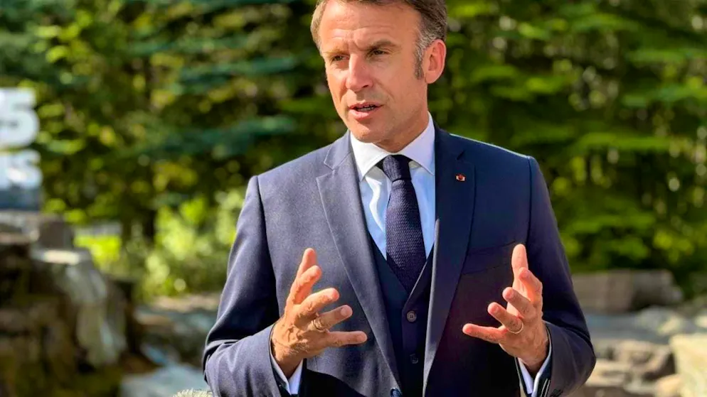 French President Emmanuel Macron speaks to journalists at the G7 summit. Photo: Ansgar Haase/dpa