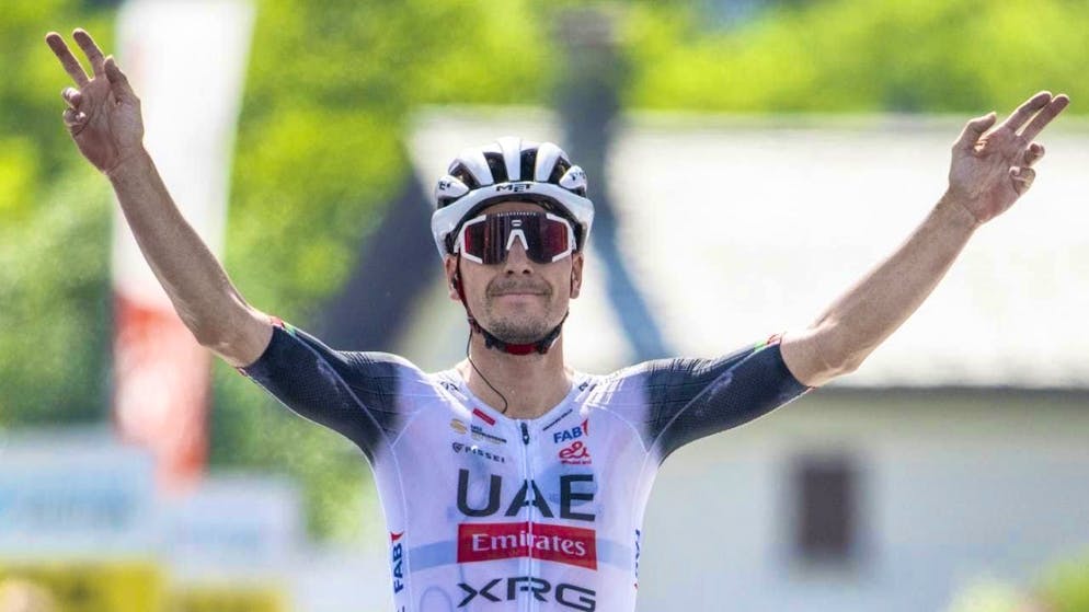 João Almeida celebrates his third stage win in the Tour de Suisse.