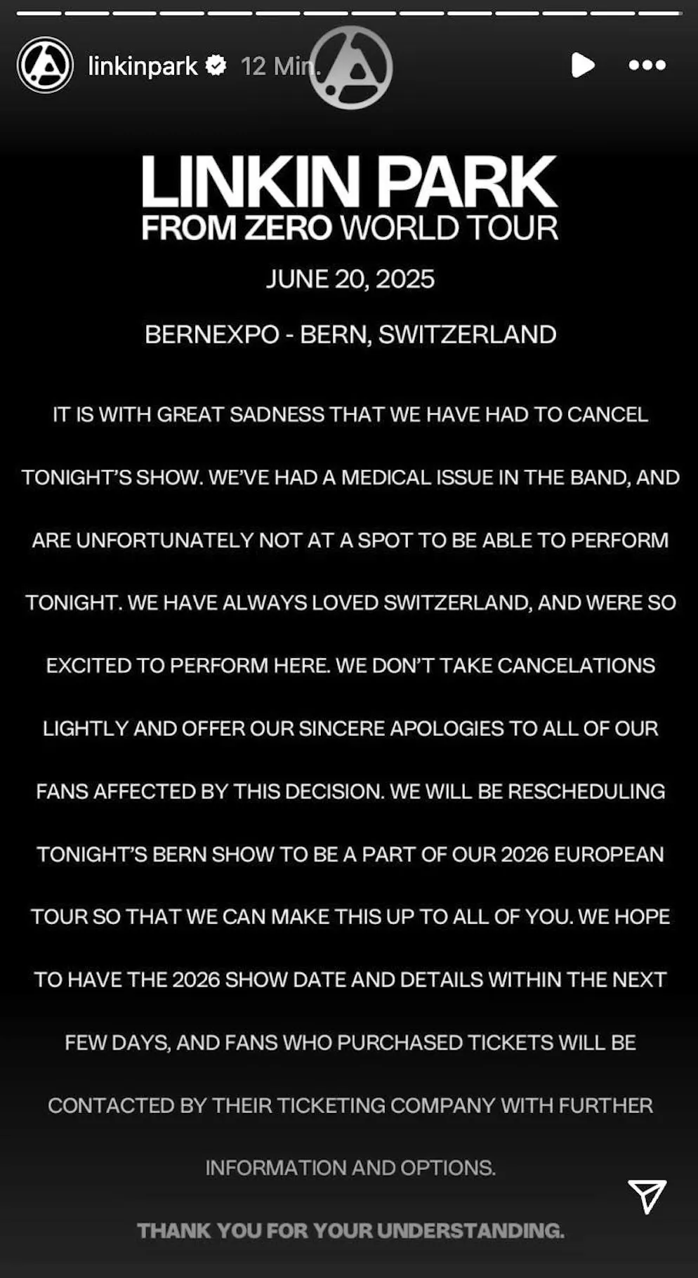 The Linkin Park concert in Bern was canceled at short notice.