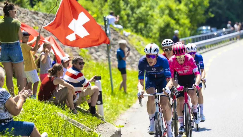 Stefan Küng leads the breakaway group on Friday.