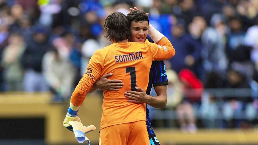 Inter goalie Yann Sommer hugs scorer Valentin Carboni.