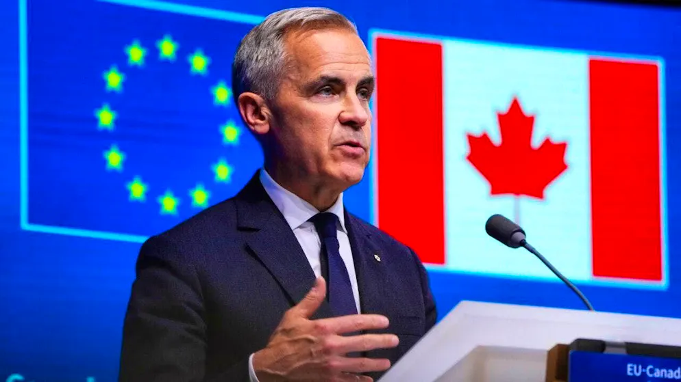 Canadian Prime Minister Mark Carney attends a press conference during the Canada-EU Summit in Brussels. Photo: Sean Kilpatrick/The Canadian Press/AP/dpa - ATTENTION: For editorial use only and only with full attribution of the above credit