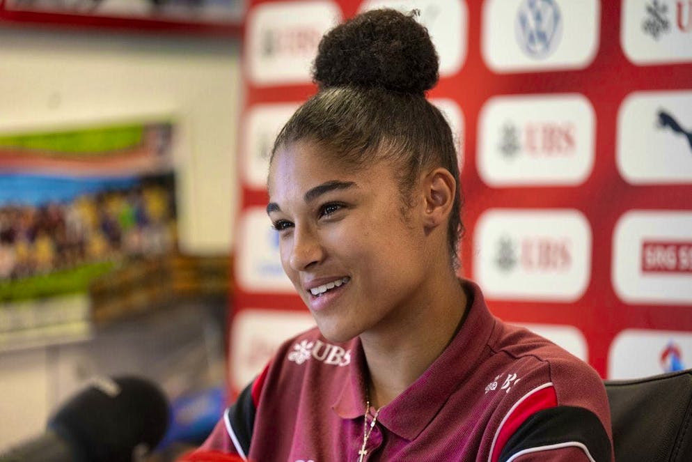 Sydney Schertenleib answers questions from journalists in the clubhouse at the Spiserwis sports facility in Abtwil near St. Gallen.