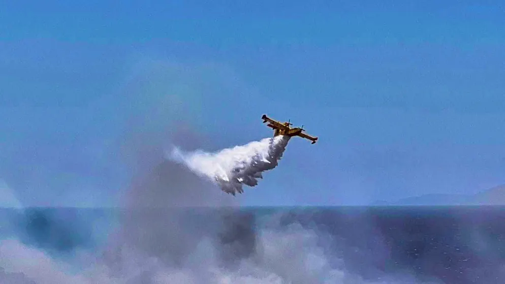 dpatopbilder - A firefighting plane drops water in the coastal area of Palaia Fokaia, south of Athens. Photo: Giorgos Delveroudis/AP/dpa