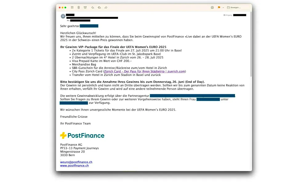 Screenshot of a fake prize notification.