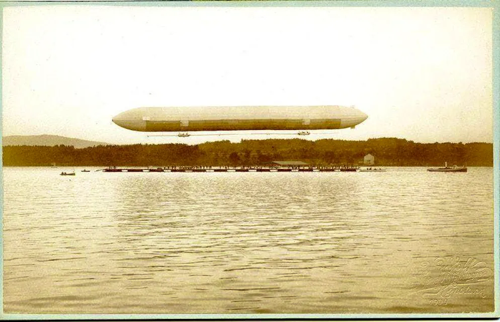 The first zeppelin took off 125 years ago - Gallery. The departure of the airship "LZ 1" from the swimming hall for the first ascent on July 2, 1900 in Manzell Bay on Lake Constance.