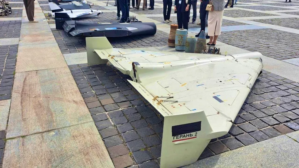 Russian combat drones of the Iranian type "Geran 2" shot down over Ukraine lie next to each other on the ground. Photo: Andreas Stein/dpa