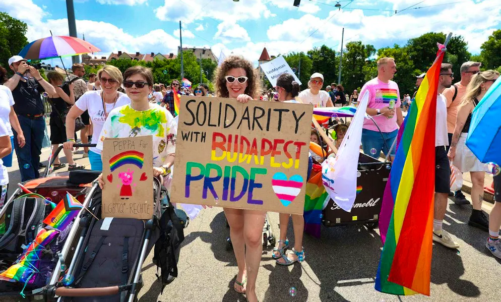 Participants of Christopher Street Day 2025 in Munich show solidarity with Pride in Budapest on 28 June.