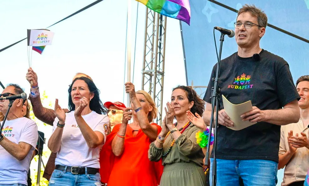Budapest Mayor Gergely Karacsony (r.) delivers his speech during the Budapest Pride march in Budapest, Hungary, June 28, 2025.