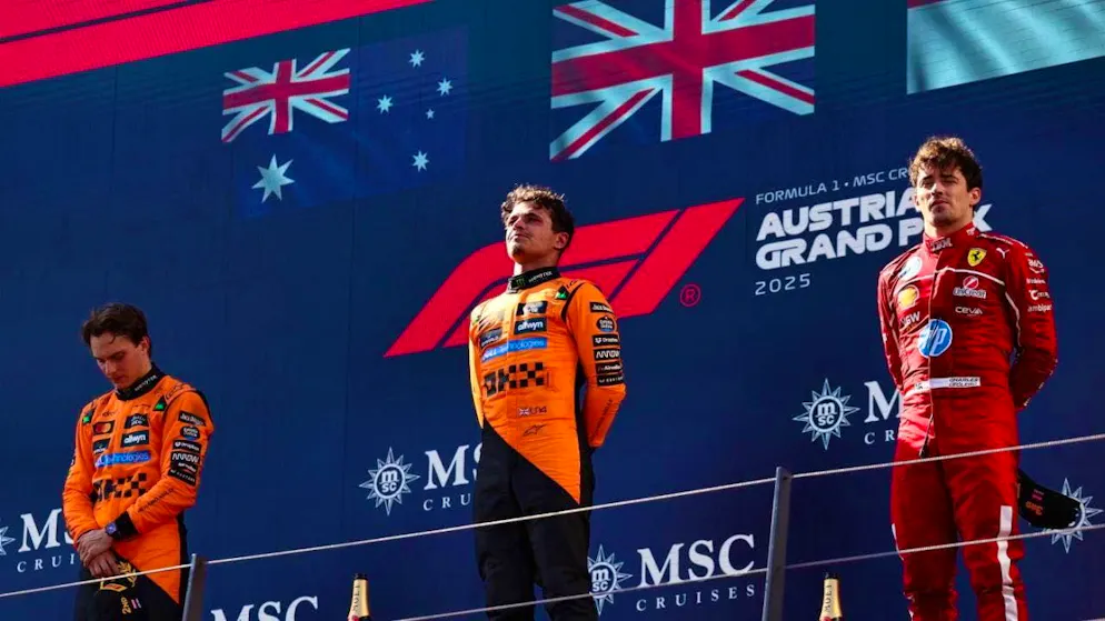 Norris wins ahead of Piastri - Double points for Team Sauber - Gallery. Standing at attention on the podium (from left): Oscar Piastri, Lando Norris, Charles Leclerc