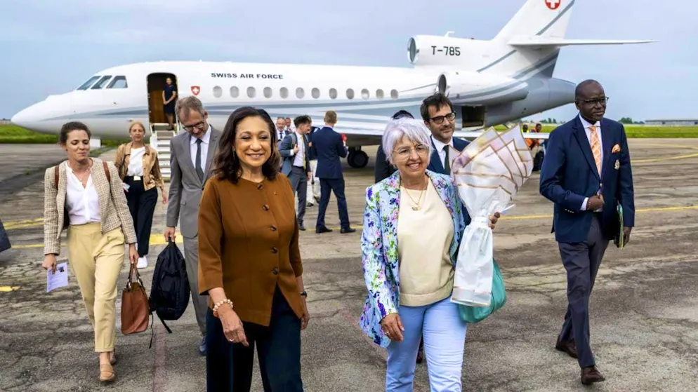 Baume-Schneider at the airport in the Ivorian capital Abidjan on Sunday. On the left, Ivorian Culture Minister Francoise Remarck.