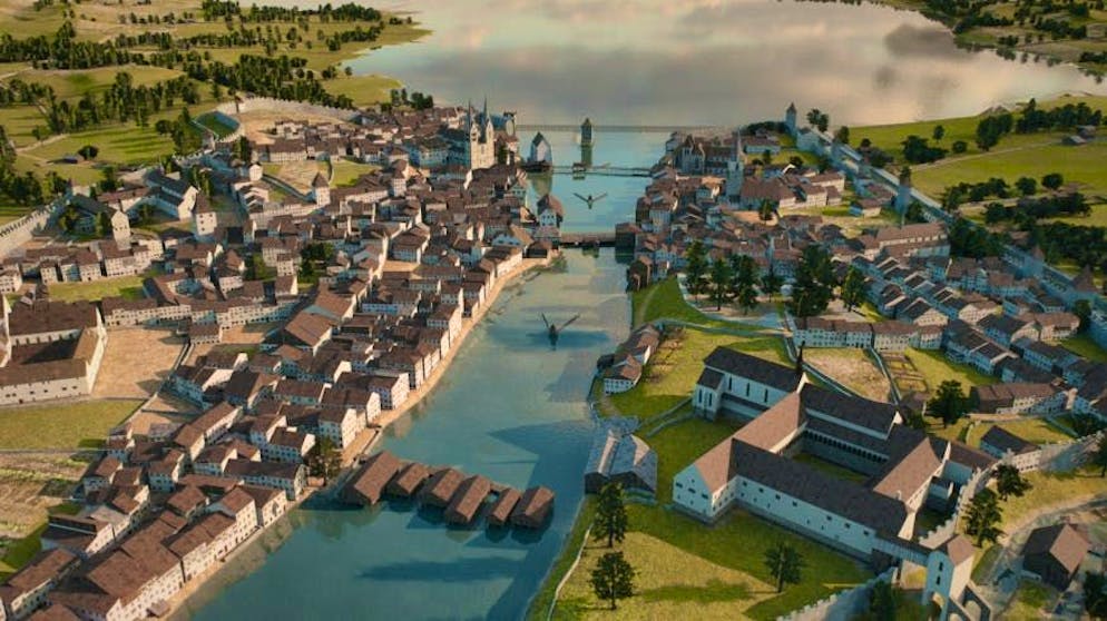 Zurich around 1500, view to the south. On the right in the foreground is the old Oetenbach monastery on the site of today's Urania parking lot.