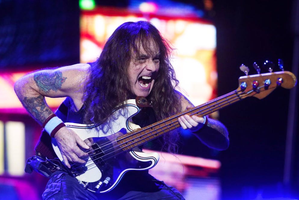 The bass player of the British Heavy Metal group Iron Maiden, Steve Harris, performs in Santiago, Chile, November 27, 2024. eurockéennes strike big blow iron