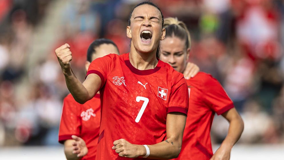 Switzerland's Rioila Xhemaili celebrates after scoring the first goal during a women's international friendly soccer match between Switzerland and Czech Republic ahead of the UEFA Women's EURO 2025 at the Schuetzenwiese stadium in Winterthur, Switzerland, Thursday June 26, 2025. (KEYSTONE/Michael Buholzer)