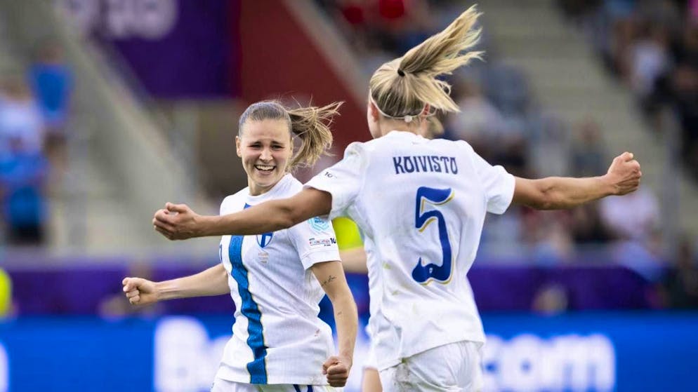 Katariina Kosola (left) celebrates her first goal at this European Championship