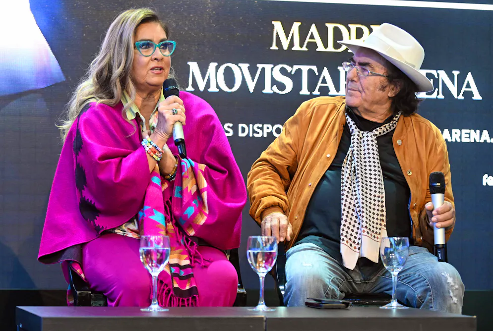 Romina Power e Al Bano in occasione della presentazione del loro concerto alla Movistar Arena di Madrid il 9 aprile 2025.