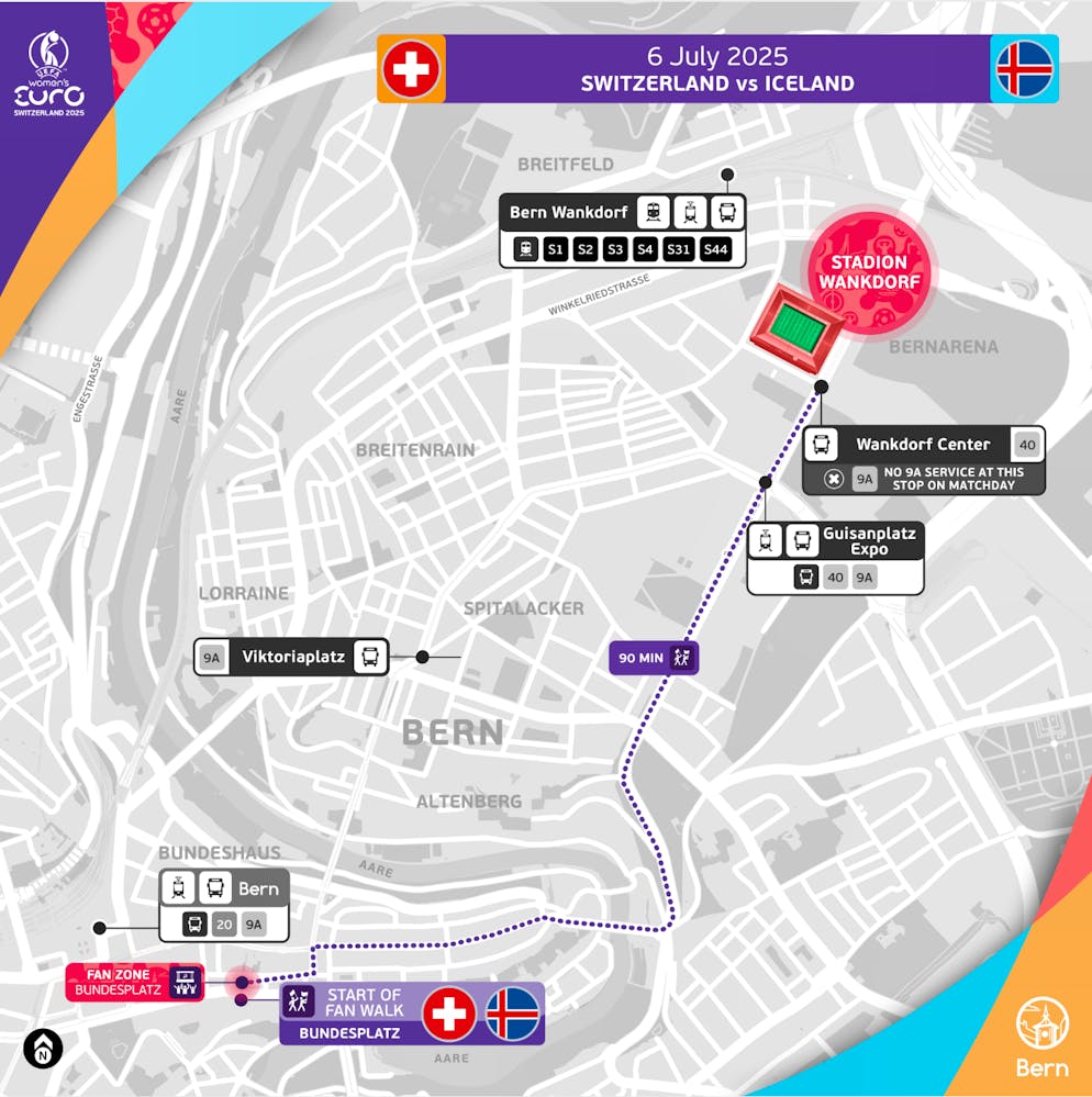 Das ist die vorgesehene Route für den Fanmarsch vom Bundesplatz bis zum Wankdorf.