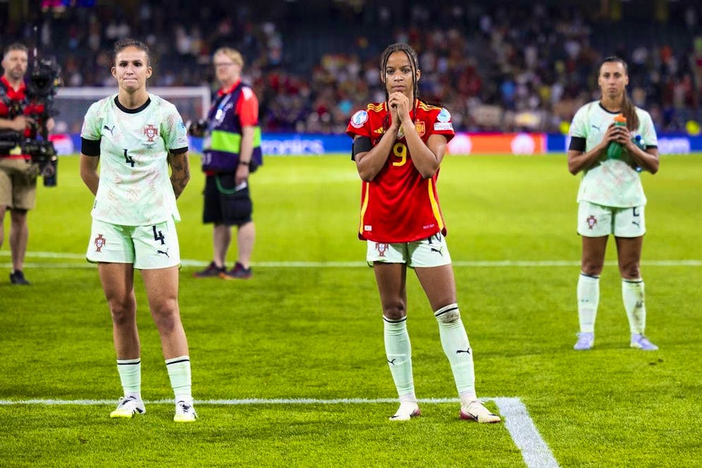 Ana Seiça, Jéssica Silva and Isabel Silva Amado (from left) after the European Championship match against Spain in Bern's Wankdorf Stadium.