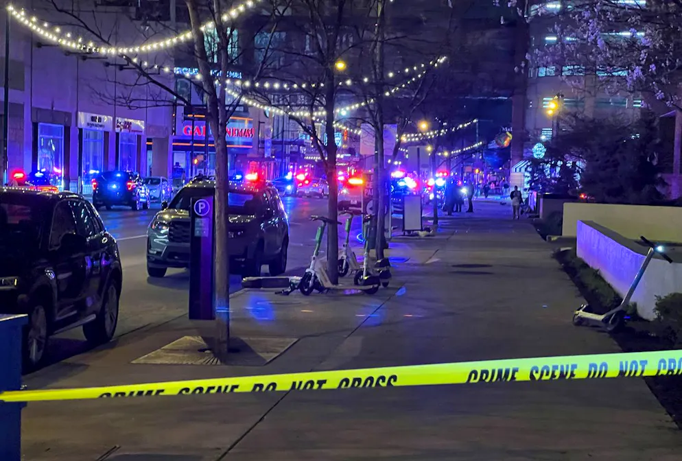 Police patrol the area in downtown Indianapolis, Saturday, March 30, 2024, after a shooting near a shopping mall. (Max Lewis/Fox59 via AP)