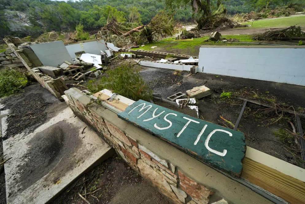 Camp Mystic. A Camp Mystic sign is seen near the entrance to the establishment along the banks of the Guadalupe River after a flash flood swept through the area in Hunt, Texas, Saturday, July 5, 2025. (AP Photo/Julio Cortez)