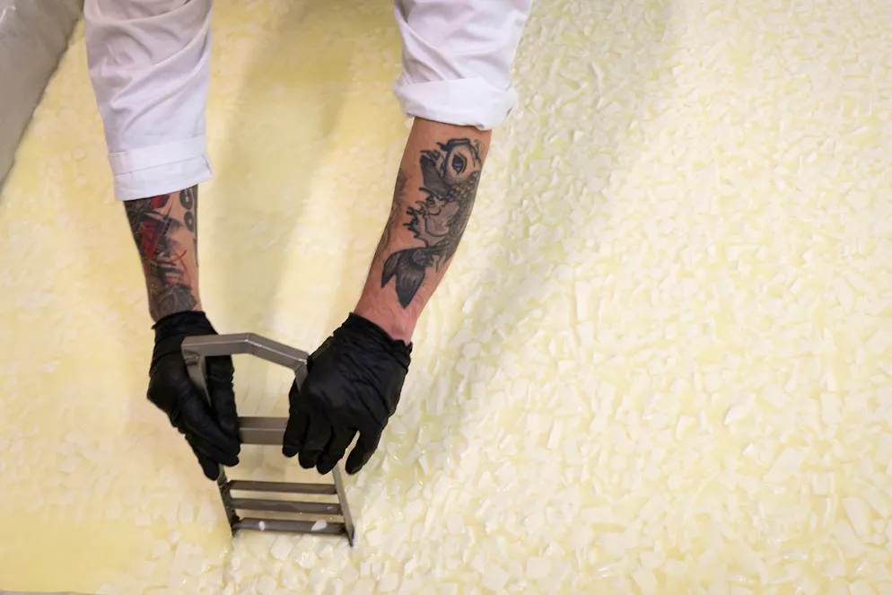 Un détenu prépare du fromage blanc à la fromagerie « Gerzovitsa » de la prison de Smolyan, le 12 mai 2025. Dans une prison nichée au cœur des montagnes Rhodopes, au sud de la Bulgarie, Georgi Filyanov remue un grand réservoir de lait caillé pour fabriquer un fromage traditionnel semblable à la feta dans la fromagerie de l'établissement. Filyanov est la dernière réussite en date de la laiterie située à l'intérieur de la prison de Smolyan, où une quinzaine de détenus sélectionnés produisent certains des fromages et yaourts les plus prisés de Bulgarie. (Photo de Nikolay DOYCHINOV / AFP)