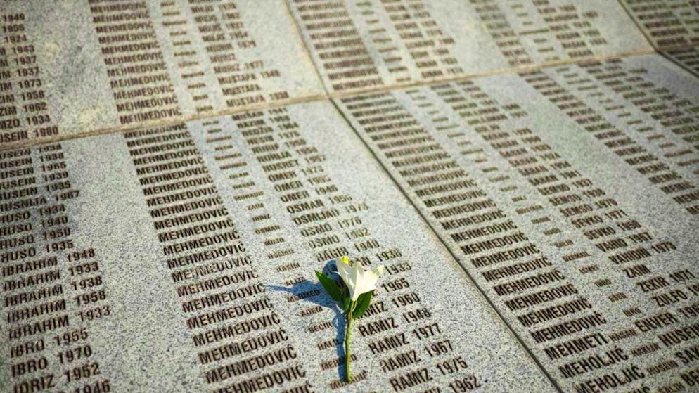A flower stands on a memorial with the names of the victims of the Srebrenica genocide in the memorial center, before a commemoration ceremony on the 30th anniversary of the Srebrenica massacre. Photo: Armin Durgut/AP/dpa
