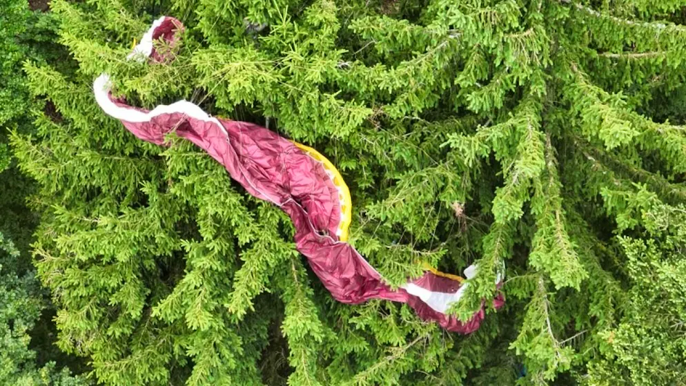 La voile du parapentiste est restée accrochée dans les arbres.