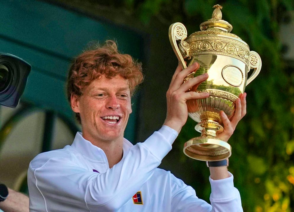 Sinner wins curious bet with coach by winning Wimbledon - Gallery. Jannik Sinner presents the trophy for winning Wimbledon.