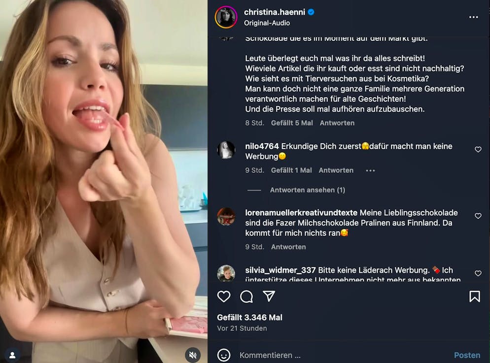 Christina Hänni advertises Läderach chocolate on her channel - followers are horrified.