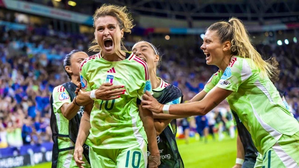 Unstoppable: Double scorer Cristina Girelli celebrates with her team-mates on reaching the semi-finals