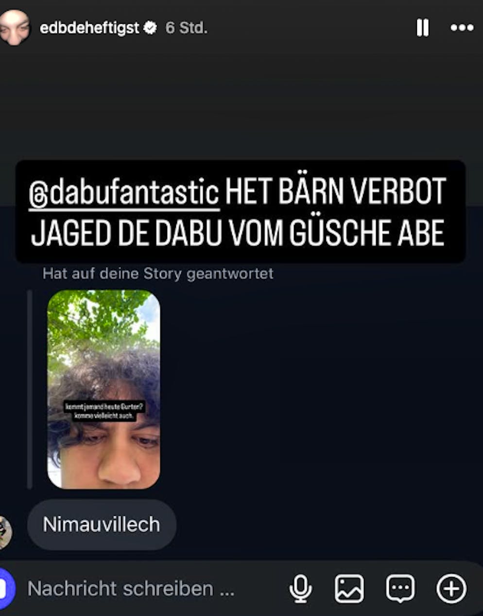 «Het Bärn-Verbot, jaget de Dabu vom Güsche abe»: Ebd beeft sich auf Instagram mit Dabu Bucher.