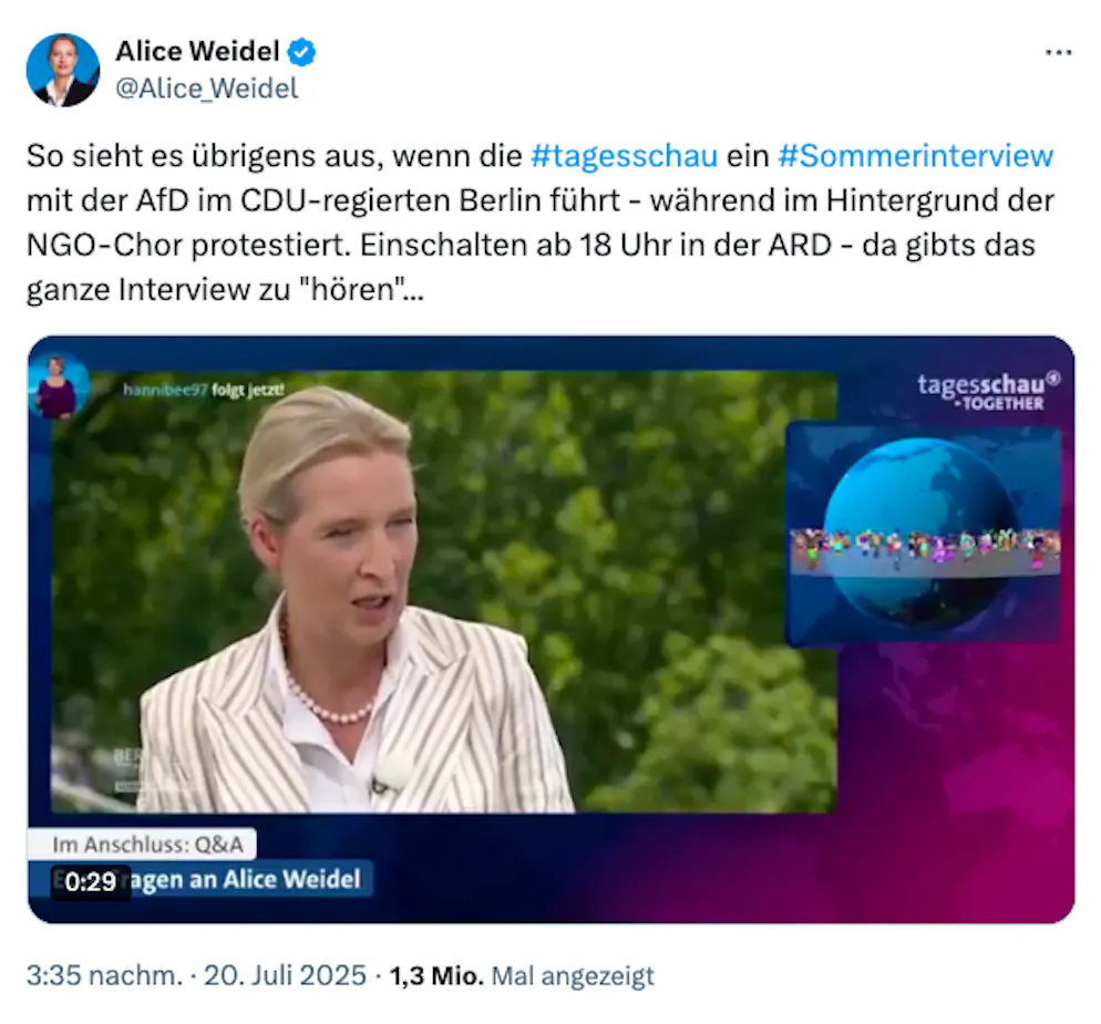 Alice Weidel ärgerte sich auf dem Kurznachrichtendienst «X» über die Protestaktion.