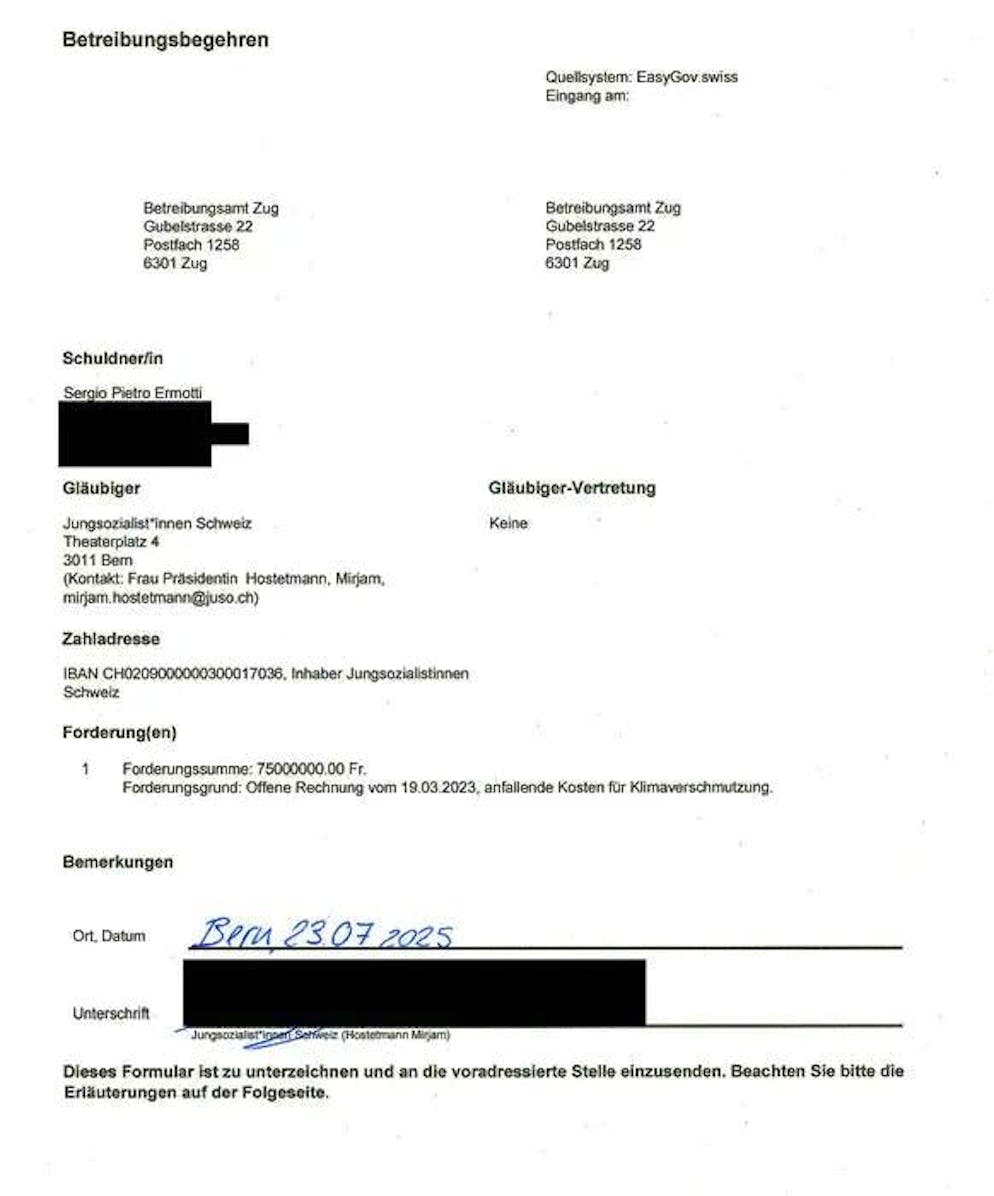 UBS CEO Sergio Ermotti received this unpleasant letter from the debt enforcement office in Zug.