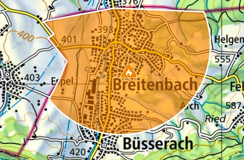 The area marked in orange is affected by the smoke.