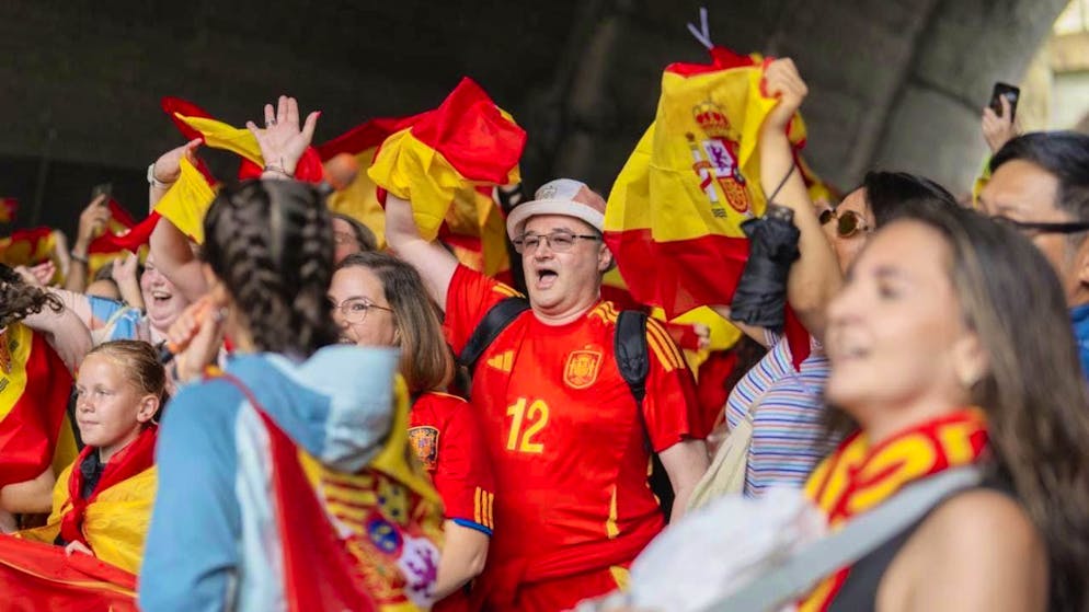 Spanish fans on their way to St. Jakob-Park in Basel for the final of the European Women's Championship between Spain and England.
