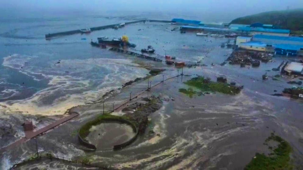 Aerial view of an area affected by an earthquake and subsequent tsunami in the Sakhalin region of eastern Russia. Photo: ---/The Telegram Channel Of The Kamc/TASS/ZUMA Press/dpa