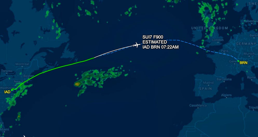 The Federal Council jet with Federal Council President Karin Keller-Sutter and Vice President Guy Parmelin on board on the way from Washington DC to Bern-Belp.