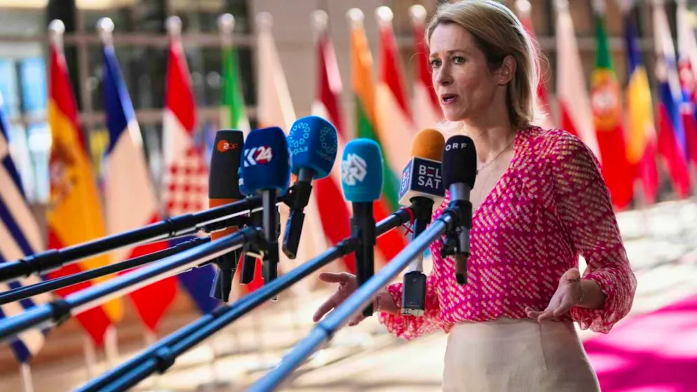 ARCHIVE - European Union foreign policy chief Kaja Kallas speaks to media representatives before a meeting of EU defense ministers at the European Council building in Brussels. Photo: Virginia Mayo/AP/dpa