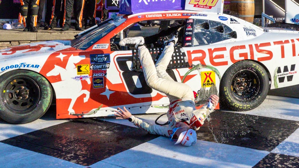 Shocking moment after Nascar race. Connor Zilisch falls out of the car while cheering and remains motionless