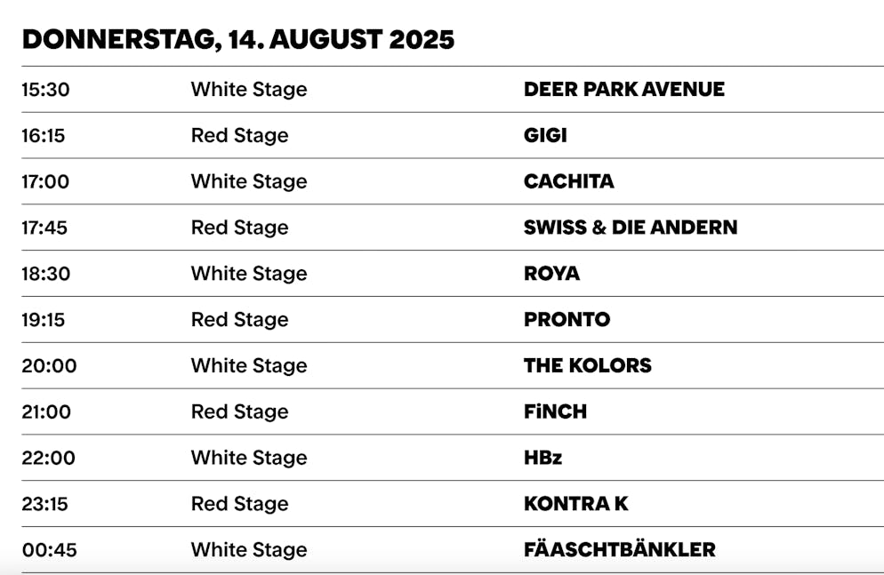 Damit du keinen Gig verpasst – hier das Line-up von Donnerstag.