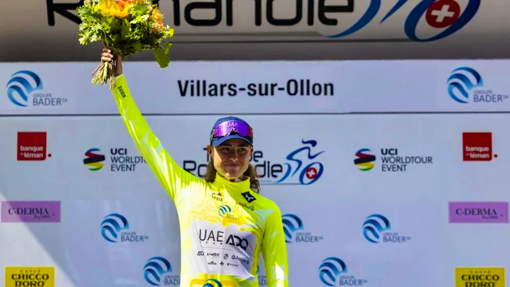 Spain's Paula Blasi celebrates her first victory at World Tour level and the yellow leader's jersey in Villars-sur-Ollon