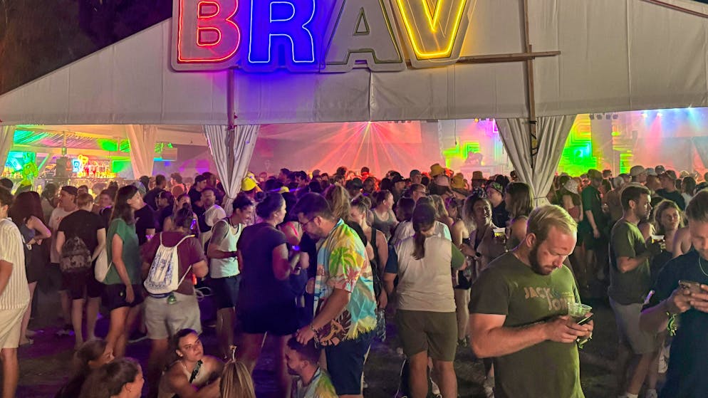 Calm before the storm: festival-goers in the Bravo tent tonight.