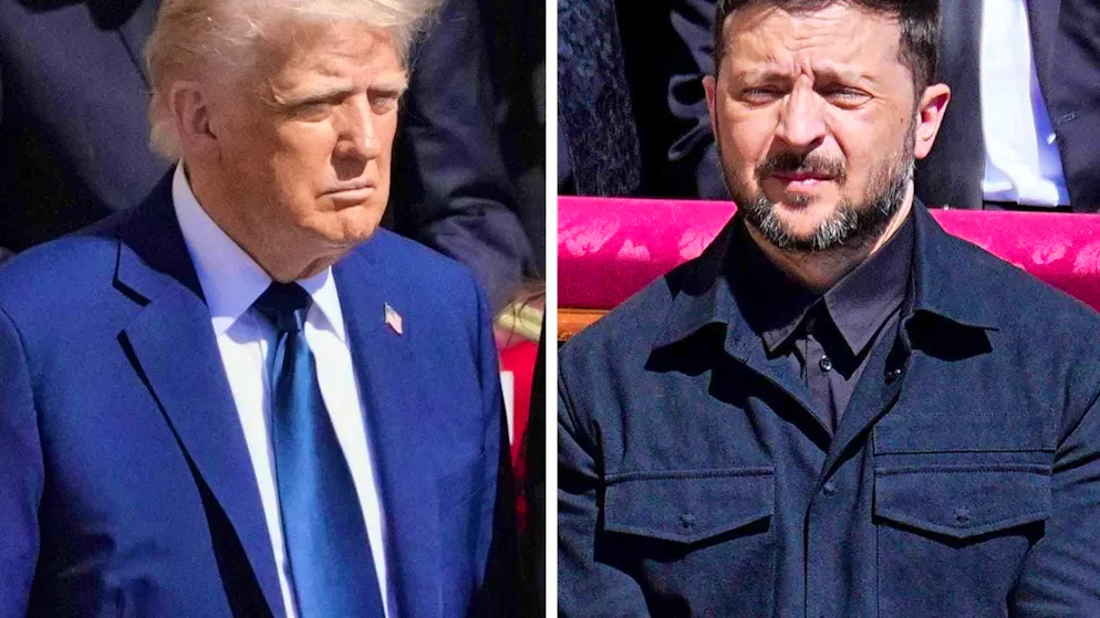 ARCHIVE - US President Donald Trump (l) and Ukrainian President Volodymyr Zelenskyi at the funeral mass for the late Pope Francis in St. Peter's Square. Photo: Kappeler/Schreiber/AP/dpa