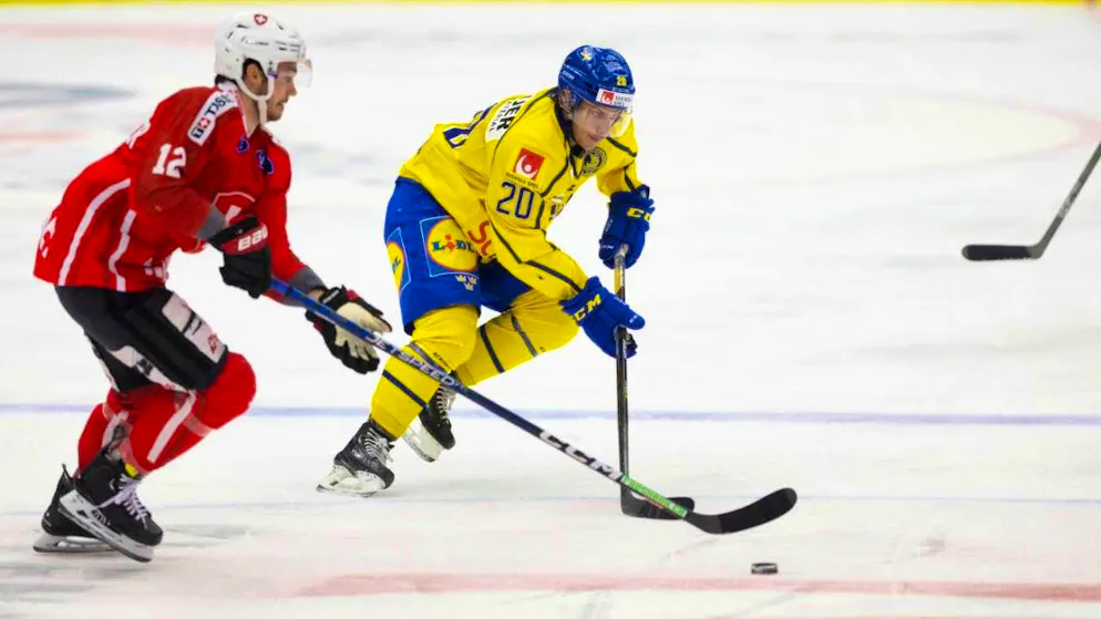 Swedish forward André Petersson in 2023 during an international game against Switzerland.