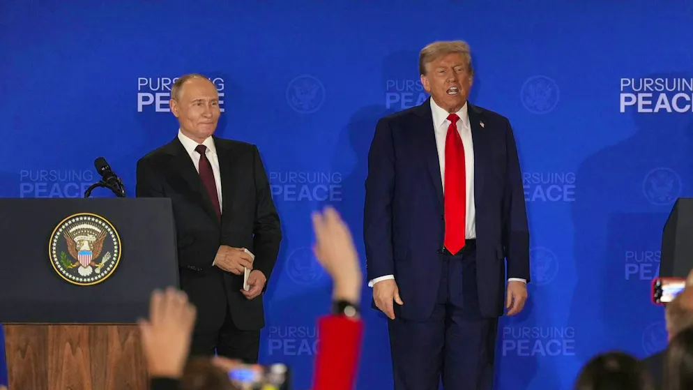 Vladimir Putin (left) and Donald Trump on August 15 in Anchorage at the press conference after the Alaska summit.
