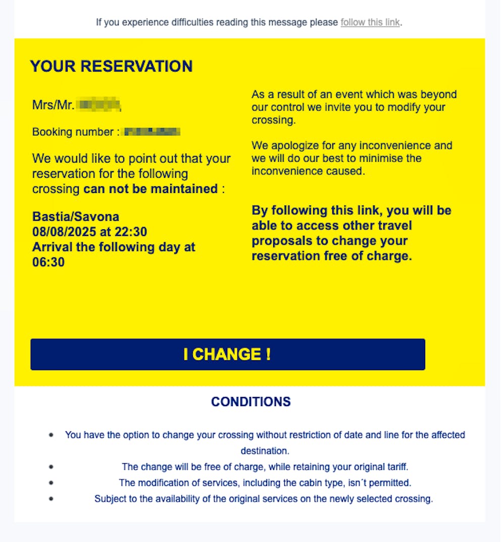 Zwei Tage vor Abreise kommt die Absage. Diese Mails kennen Tausende von Corsica-Ferries-Kund*innen. 