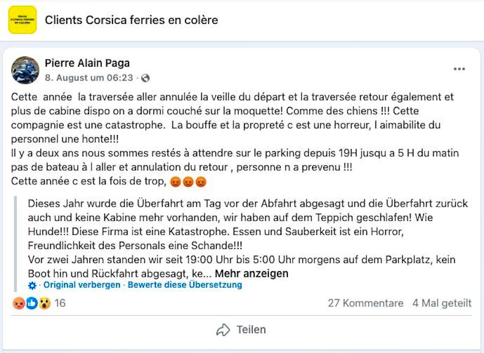 23,500 users* vent their anger in the Facebook group Clients "Corsica ferries en colère".