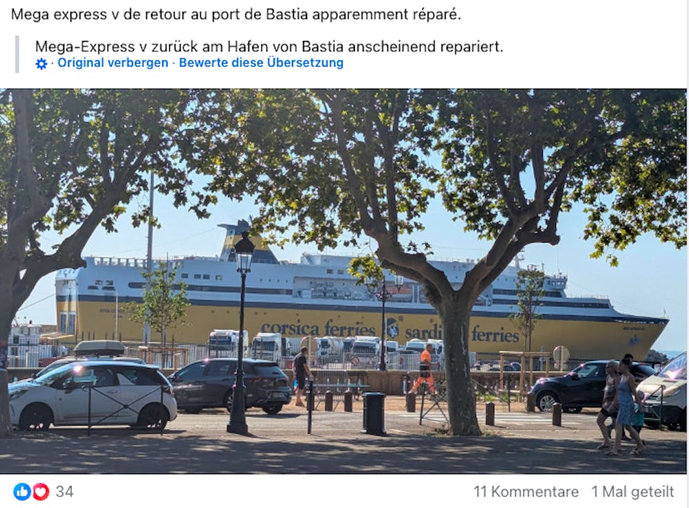 Am 11. August liegt die Mega Express Five von Corsica Ferries wieder im Hafen von Bastia. Repariert wurde sie in Genua.