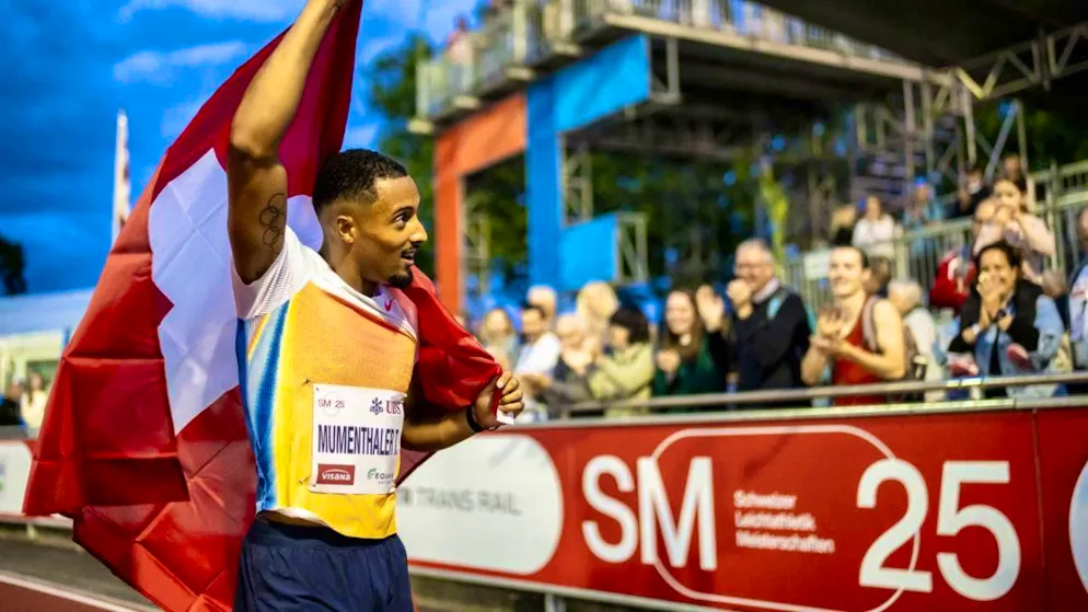 Timothé Mumenthaler celebrates after winning the 100 m final on Saturday