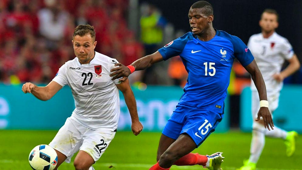 Amir Abrashi at the 2016 European Championship against France's Paul Pogba.